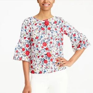 J. Crew Red White Blue Floral Bell Short Sleeve Tie Back Top Blouse